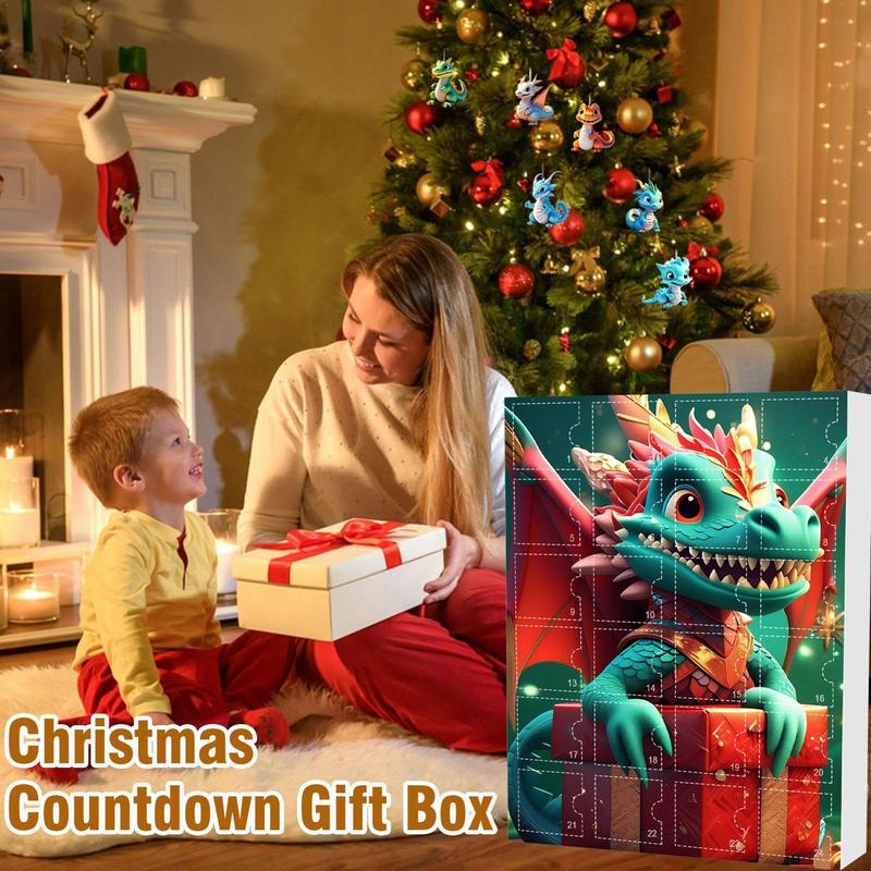 Dragon Advent Calendar Gifts, 1 Box 24 Days Countdown Calendar with 24 Unique 2D Acrylic Dragon Pendant, Dragon Toy, Christmas Countdown Calendar