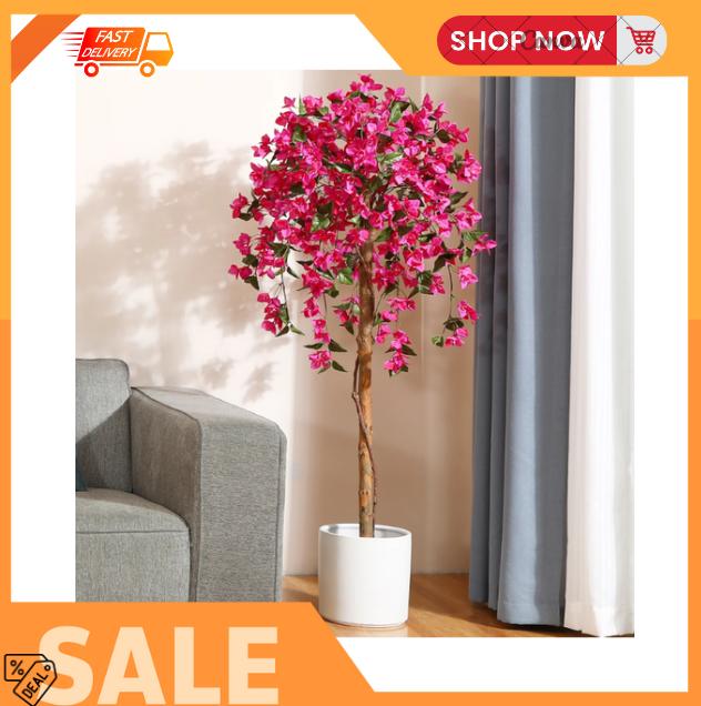 5FT Artificial Bougainvillea Flowers Tree with Wood Branches, Plant in Black Plastic Pot