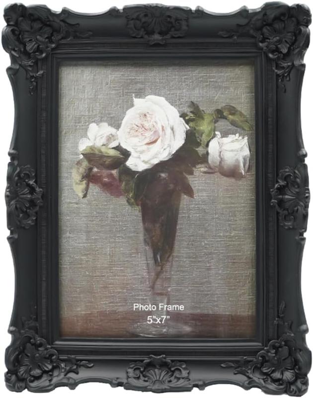 5x7 Vintage Picture Frame Antique Ornate Black Photo Frame, for Table Top and Wall Display, Decorative Floral Design Retro Home Decor, Photo Gallery Art