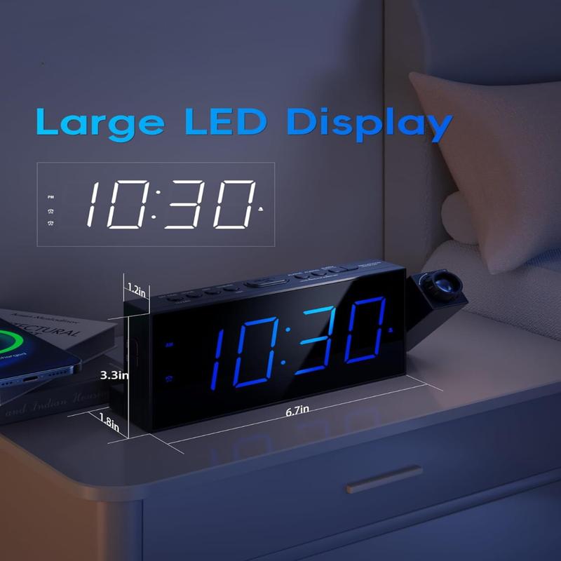 Digital Projection Alarm Clock for Bedroom Large LED Display 180° Rotatable Projector USB Charger Dual Alarm Snooze Battery Backup 12 24H DST Decor