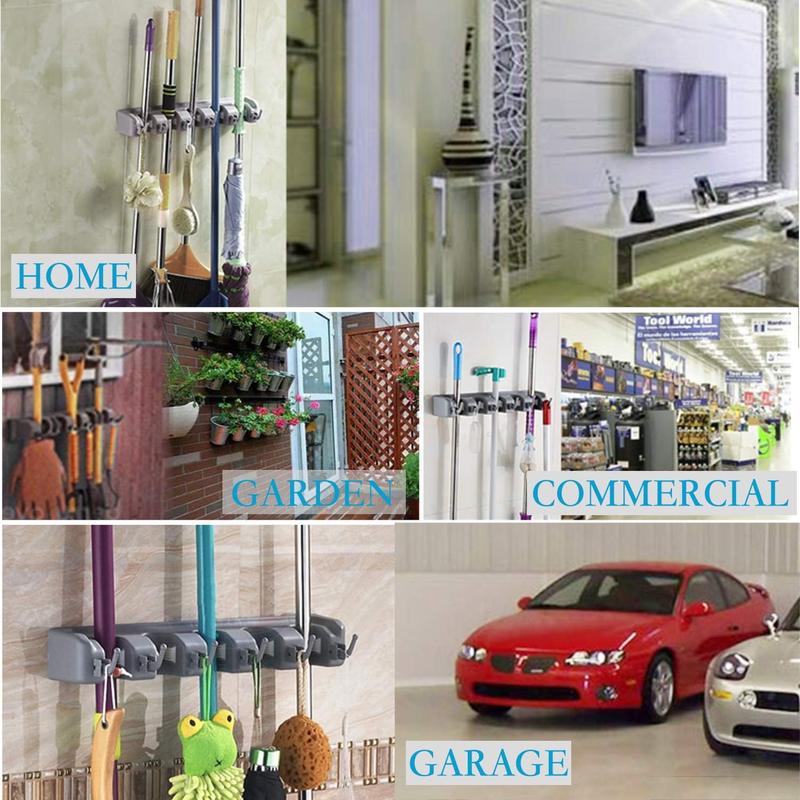 Wall Mount Broom Mop Holder Hanger Garden Tool Organizers Rack Garage Laundry Room Organizations and Storage with Hooks Heavy Duty Steel Installation