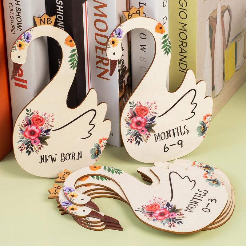 Wooden Swan & Flower Pattern Hanger (7counts set), Cartoon Swan Shaped Baby Clothes Separator, Home Organizer for Baby Wardrobe