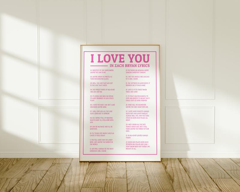 Zach Wall Art Printable, I Love You in Zach Lyrics Poster, Bryan Coastal Cowgirl Poster, Bryan Tour Merch, Pink West Gallery Wall