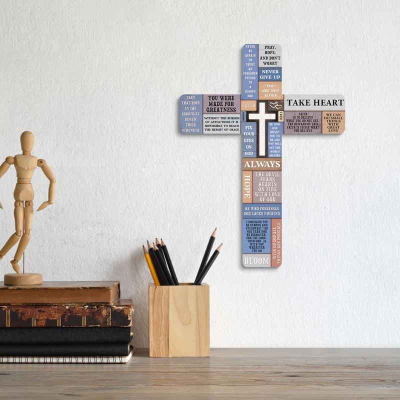 Wooden Wall Cross, 1 Count Inspirational Quotes Decorative Designs Crucifix, Wall Mounted Cross for Home Farmhouse Dormitory Living Room