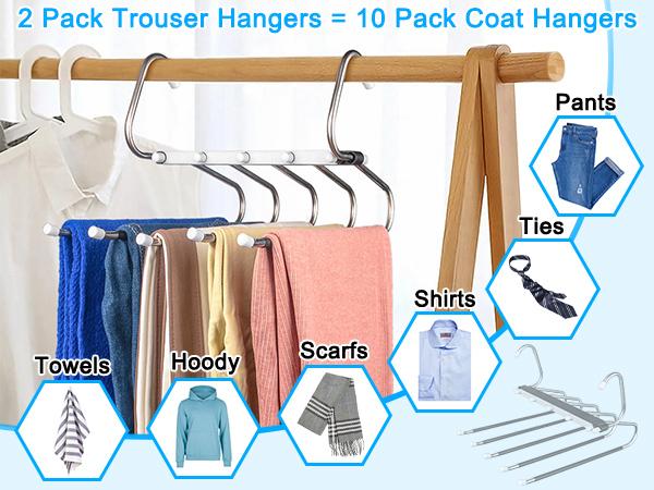 2 Pack Pants Hangers Space Saving Clothes Hanging 5 Layers, Non Slip Pant Hangers for Closet Organizers and Storage, Stainless Steel Jean Hangers Multifunctional Pants Rack for Trouser, Scarf, Skirt