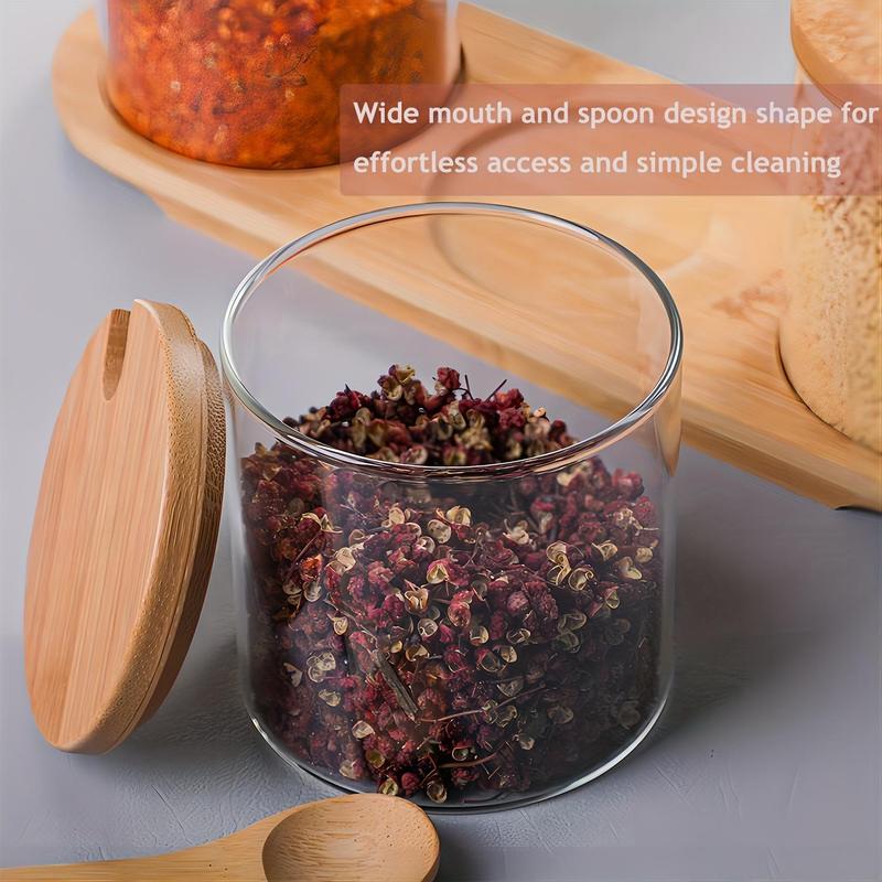 1 Set Glass Spice Jar With Lid & Spoon & Tray, Clear Seasoning Storage Bottle, Home Organizer For Kitchen