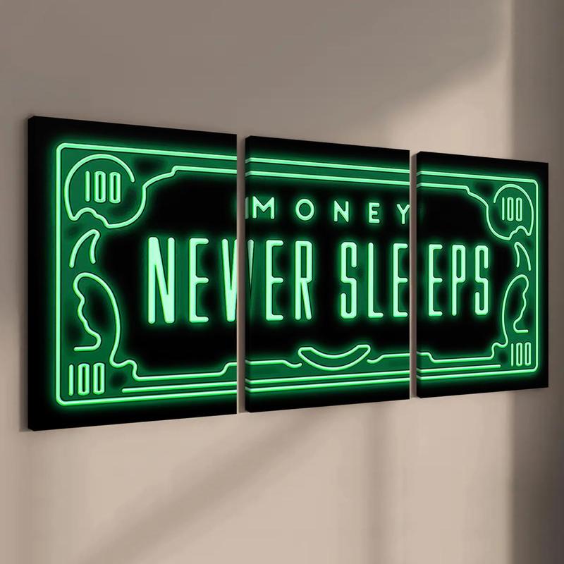 Money Neon Letter Pattern Framed Canvas Painting, 3 Counts Modern Art Wall Decor, Wall Art for Home Living Room Bedroom Office Room Decor, Christmas 2024 Ornament, Christmas Gift Ideas, Stocking Stuffers