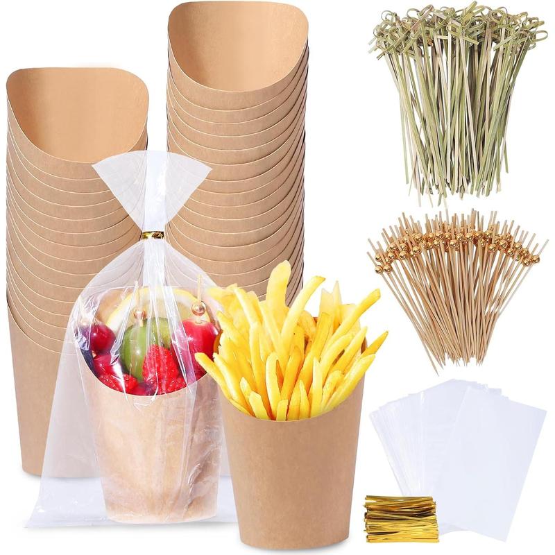 80 Packs Individual Disposable Charcuterie Cups with Sticks,80 Portable Bags, 200 Packs Cocktail Skewers,14oz Brown Paper Appetizer Cups for Fry, Food, Drinks, Party Supplies