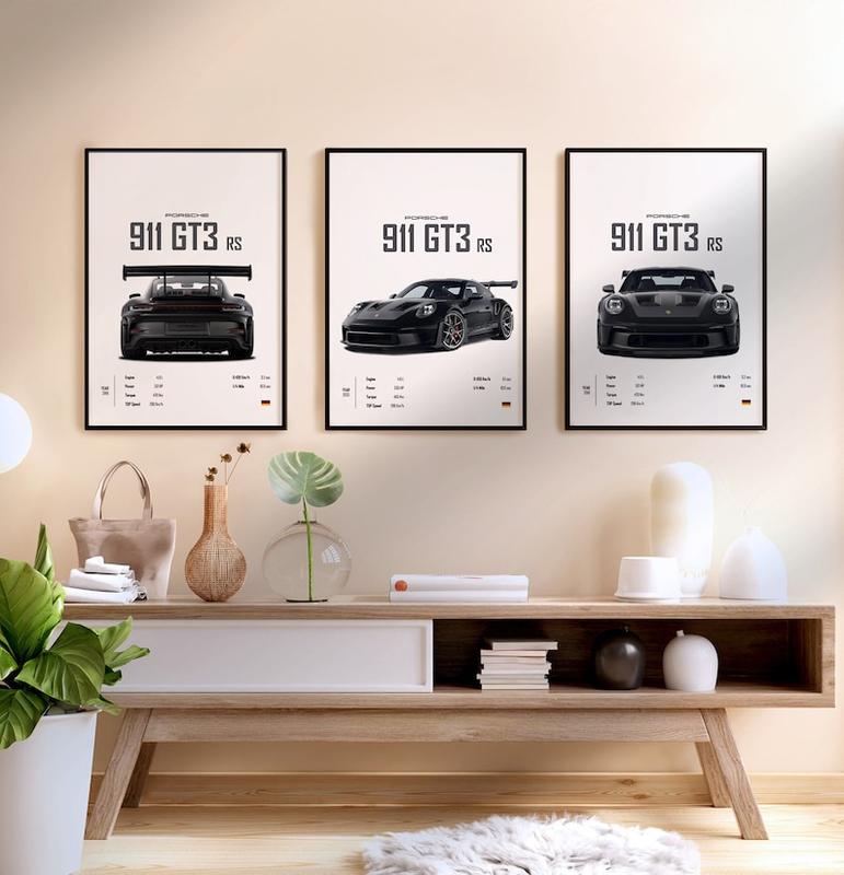 Set of three posters Black Porsche 911 GT3 RS 2023 KM & MI,l Boys Room Decor, Children Home Office, Decoration Photo Print