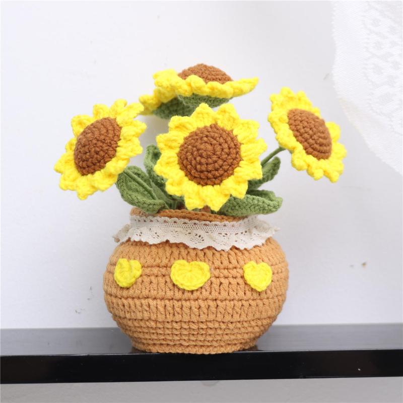 Crochet Sunflower Potted Plant, 1 Count Exquisite Handmade Knitting Potted Plant, Desktop Decoration for Home Living Room Bedroom Dining Room Office Dormitory, Christmas Gift Ideas, Stocking Stuffers