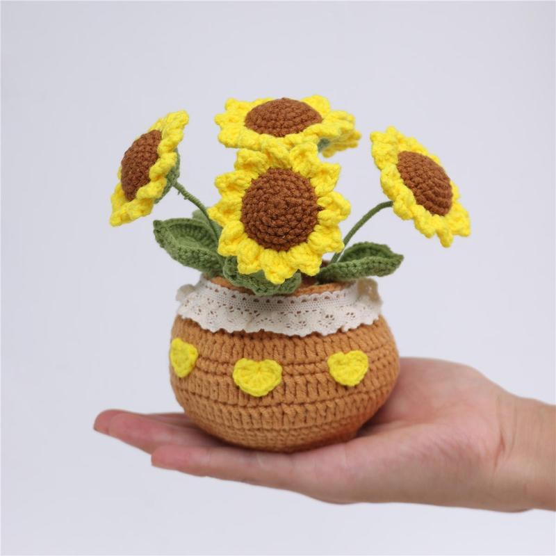 Crochet Sunflower Potted Plant, 1 Count Exquisite Handmade Knitting Potted Plant, Desktop Decoration for Home Living Room Bedroom Dining Room Office Dormitory, Christmas Gift Ideas, Stocking Stuffers