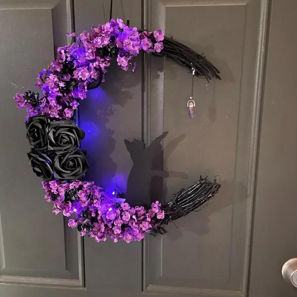 Moon Cat Wreath With Light, Black Cat Decor, Crystal Moon Wreath, Black Wreaths for Front Door Window Wall Decor, Wall Decor for Home Living Room Bedroom