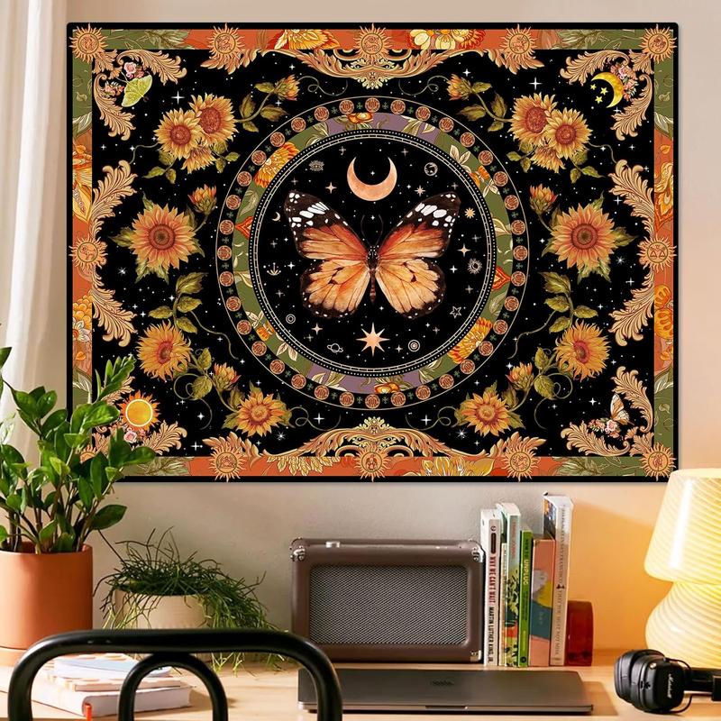 Butterfly Floral Tapestry Vintage Indie Boho Flower Tapestries for Bedroom Aesthetic Retro Yellow Sunflower Moth Tapestry Wall Hanging for Dorm Living Room (48  36)