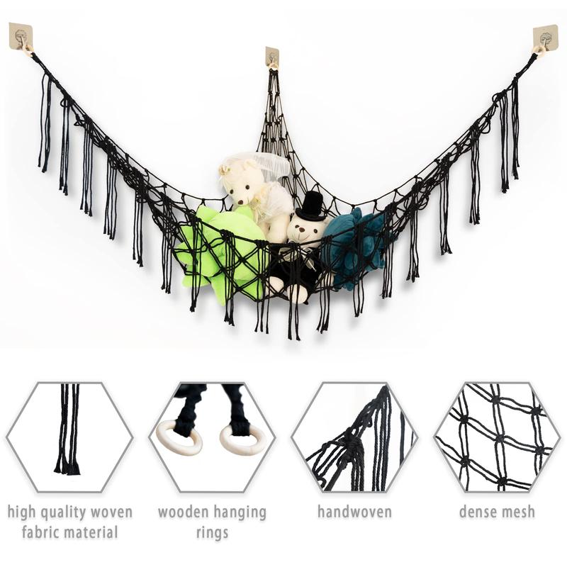 55 inch Toy Hammock Macrame boho Stuff Animal Storage Corner Hanging Net Holder,Mesh Hammock Plush Toy Organizer with Hooks for Bedroom