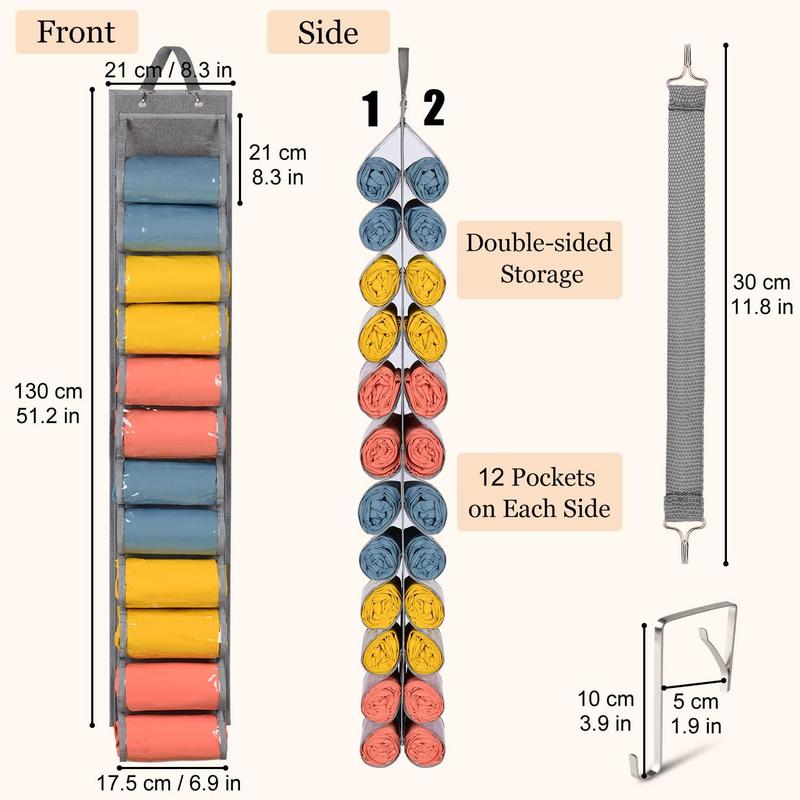 Hanging Yoga Legging Storage Organizer with 24 Pockets, Foldable Oxford Cloth Hanging Closet Organizer Shirts Jeans Storage Hanger Socks Holder for Family Closet Bedroom, Grey Hangable