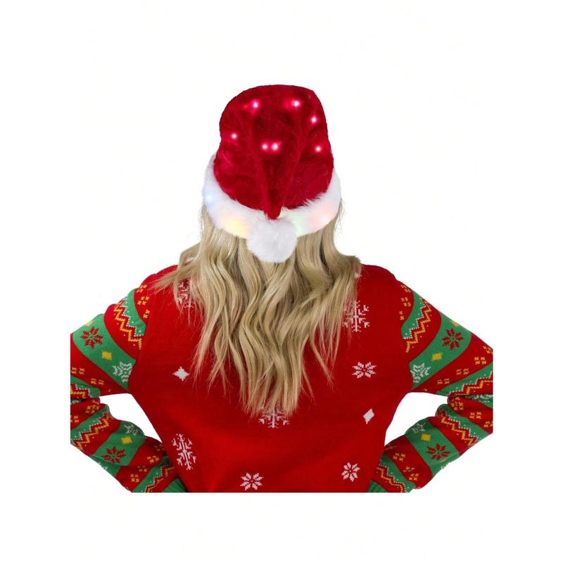 Style Lab   Giggling Getup 2 PCS Adults Light-Up Christmas Santa Elf Hats With Pom Poms, Soft Plush Xmas Hat With Colorful Lights For Mens And Womens