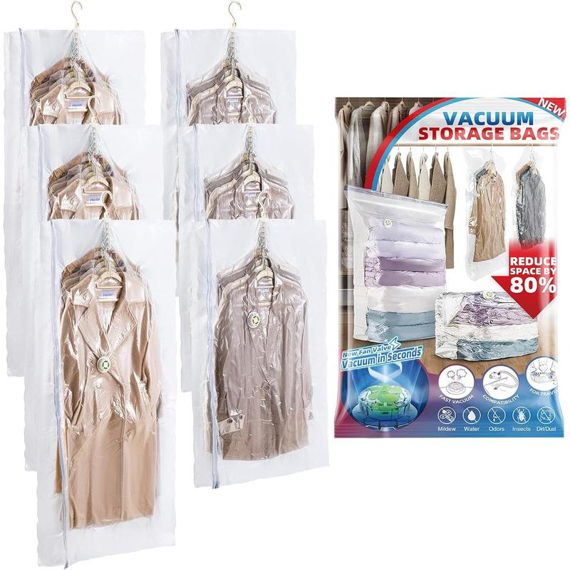 Hanging Vacuum Storage Space Saver Bags for Clothes Winter Coat Garment Dress Clothing Hanger Closet Organizer, Upgrade Valve Side Expandable 80% Space Save 6 Packs, 3 Long 3 Short