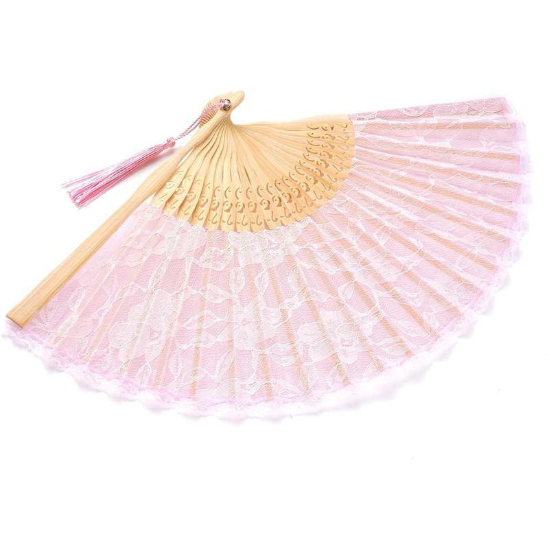 Lace Handheld Chinese Folding Fan Bamboo Silk Folding Fan for Women Wedding Decoration Dancing Party,Pink cloth light curve wood wooden gifts