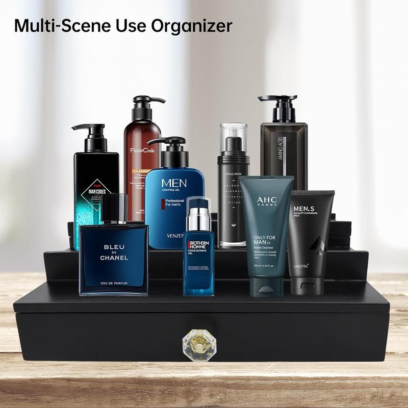 Cologne Organizer for Men 3 Tier Cologne Stand with Drawer and Hidden Compartment Cologne Holder for Men, Wood, Cologne Shelf for Men Gift Perfume Mens Cologne Tray Boxes Wooden