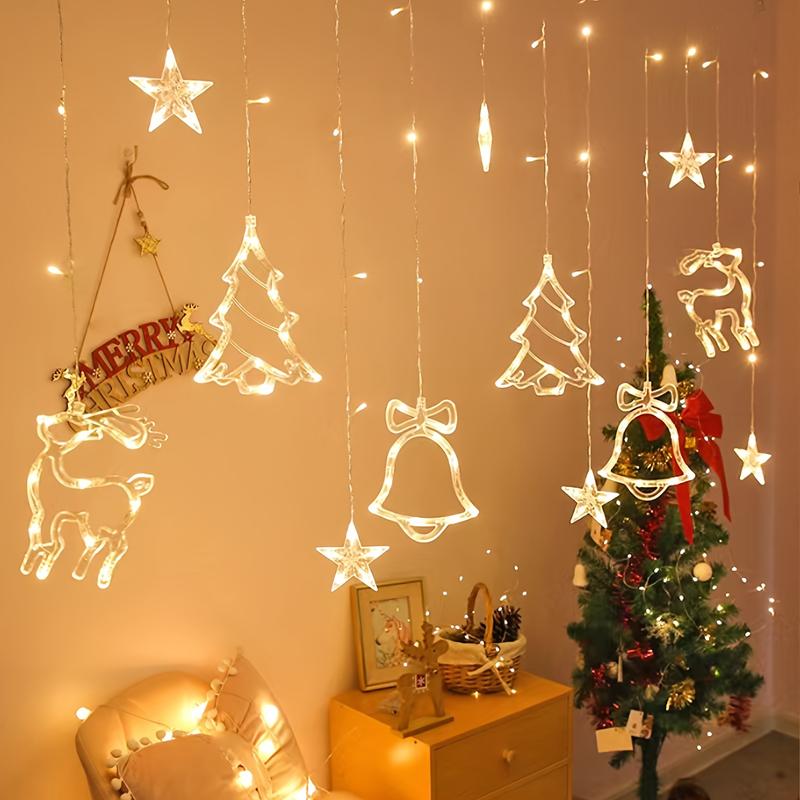 14ft 4m 120LED Christmas Window Fairy Lights Curtain Lights  Decorative(Big Christmas tree, Reindeer, Bell) Curtain Lights Waterproof for Christmas Wedding Party Bedroom Home Garden Indoor Decoration,Ornaments,Warm White(No Remote)