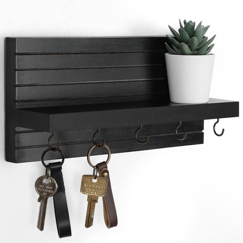 Decorative Key Holder for Wall with Shelf,Entryway Shelf with Hooks Holds Leashes,Sturdy Wood Key Holder Entrance Hanger with Mounting Hardware(Black)