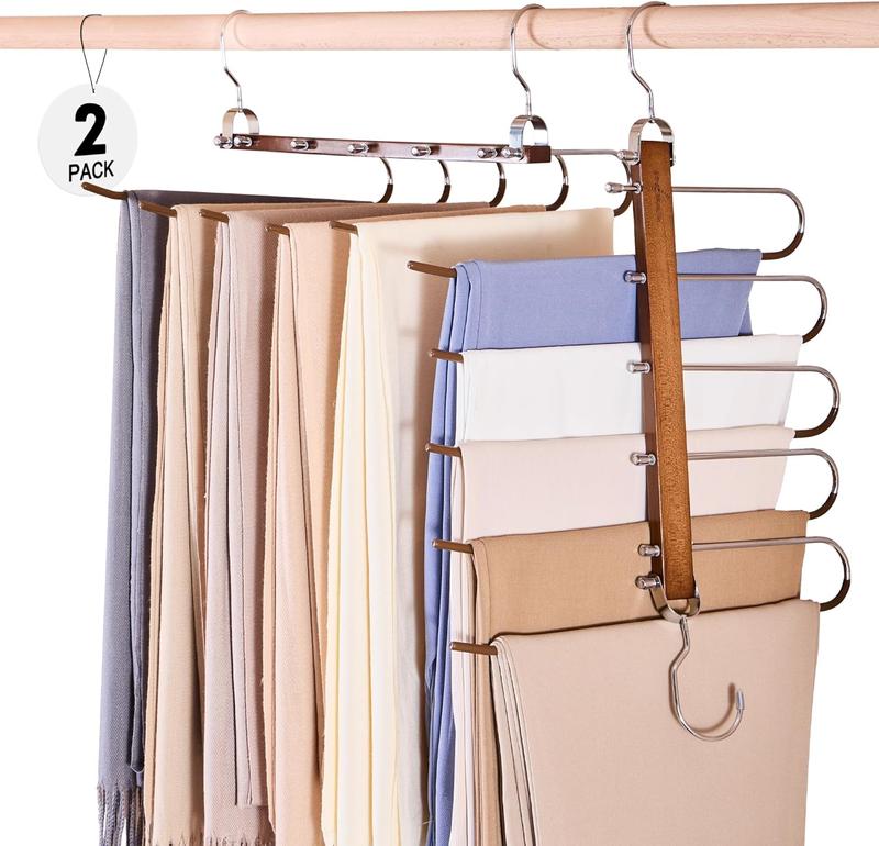 HOUSE DAY  Ultimate Space Saving Hangers Organizer & Pant Hangers Bundle Steel Hook Wooden Hanging Plastic Wood Retractable Smooth