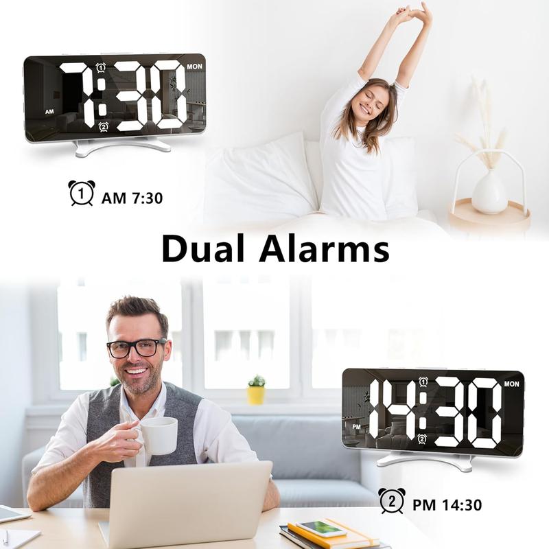 Bedroom alarm clock, ultra-thin LED mirror digital alarm clock, large display with dimming mode, dual USB port, level 4 brightness and level 2 volume, desk clock decorated in office home bedroom dormitory living room