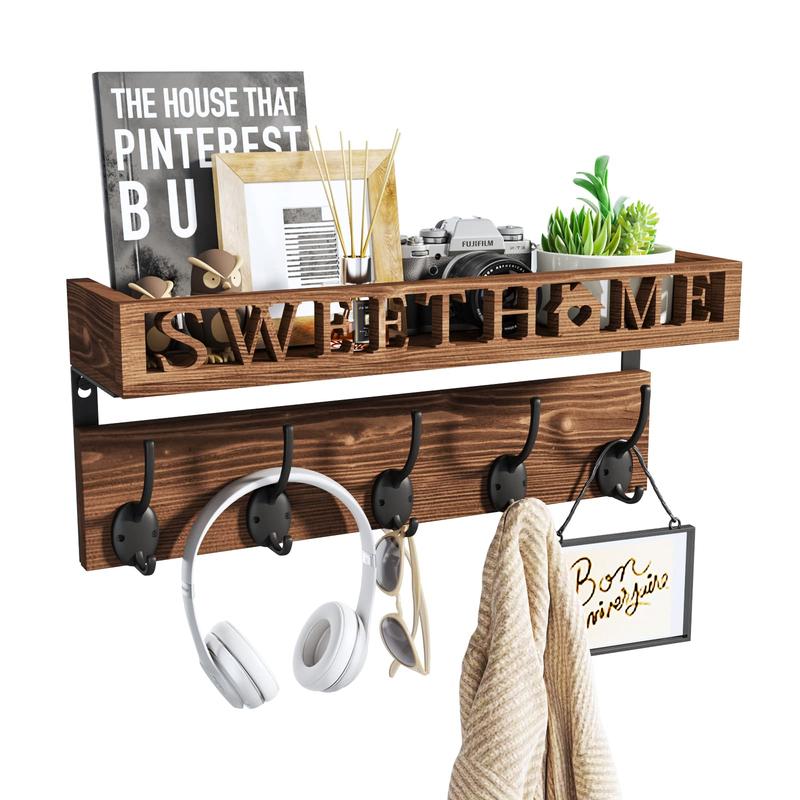 Wooden Key Holder with Shelf&Hooks, Layered Organizer for Categorized Storage, wall set