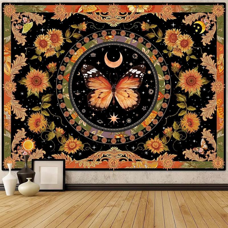 Butterfly Floral Tapestry Vintage Indie Boho Flower Tapestries for Bedroom Aesthetic Retro Yellow Sunflower Moth Tapestry Wall Hanging for Dorm Living Room (48  36)