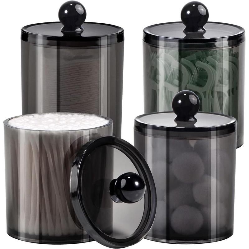 4 Pack Plastic Acrylic Bathroom Vanity Countertop Canister Jars with Storage Lid, Apothecary Jars Qtip Holder Makeup Organizer for Cotton Balls,Swabs,Pads,Bath Salts (Black, 12 Oz)