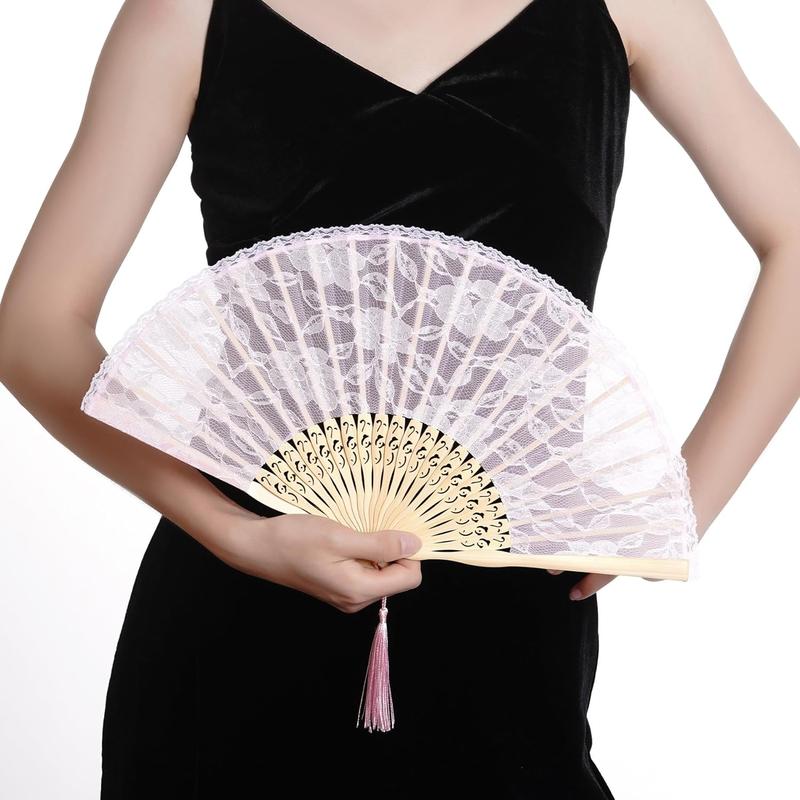 Lace Handheld Chinese Folding Fan Bamboo Silk Folding Fan for Women Wedding Decoration Dancing Party,Pink cloth light curve wood wooden gifts