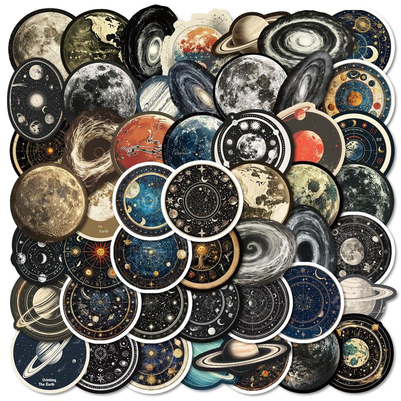 Space Themed Sticker, 50pcs set Waterproof Self Adhesive Decor Paper with Storage Box, Decor Sticker for Gift Greeting Card Water Bottle Laptop Phone