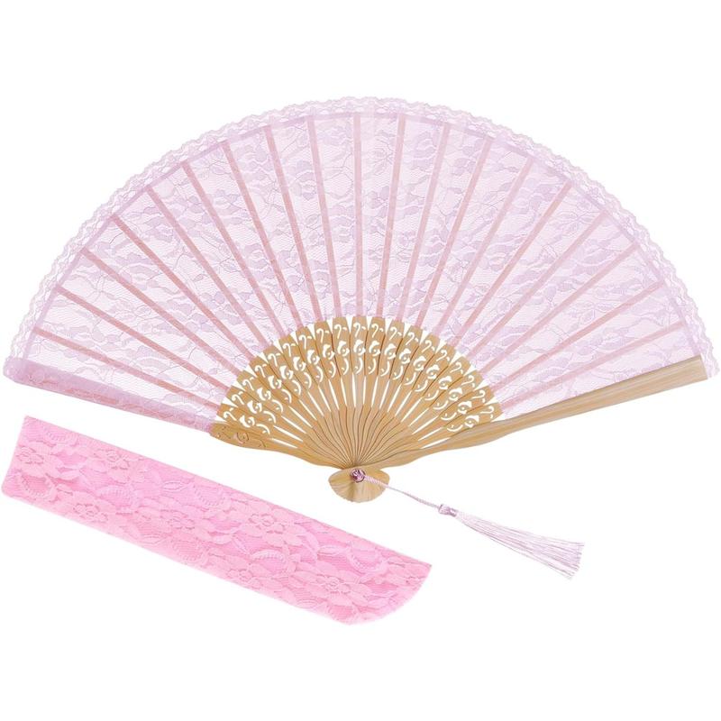 Lace Handheld Chinese Folding Fan Bamboo Silk Folding Fan for Women Wedding Decoration Dancing Party,Pink cloth light curve wood wooden gifts