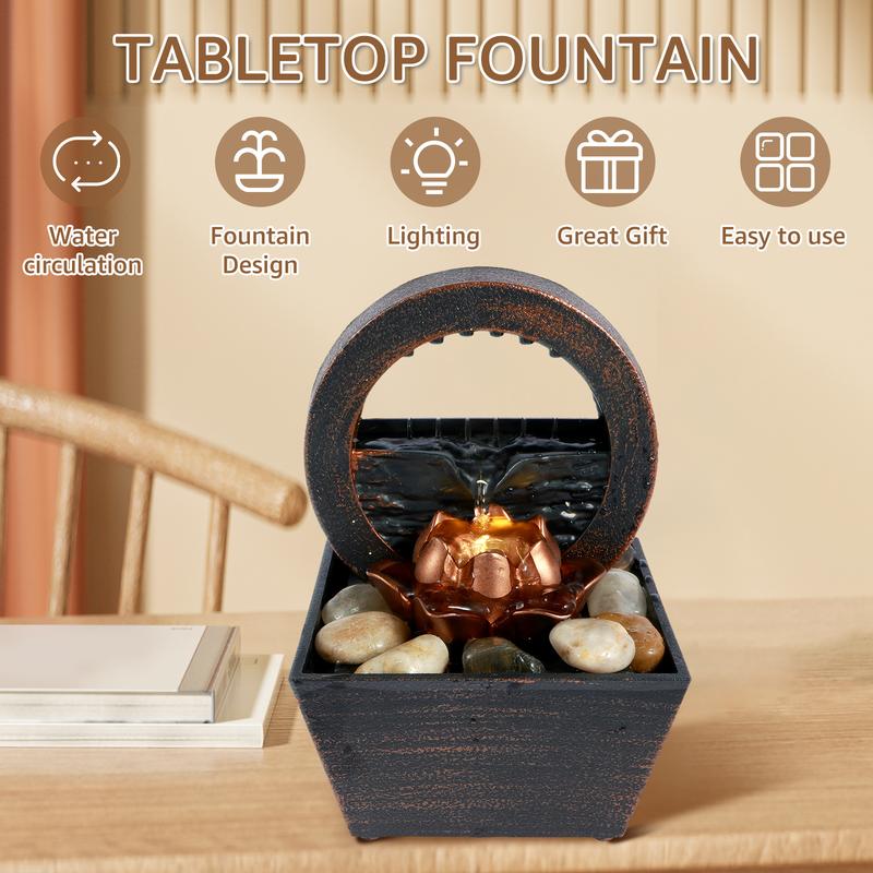 Fortune Wealth Fengshui Golden Waterlily Fountain Ornament,Tabletop Fountain Meditation Water Fountain with Light Creative Small Desktop Decorations Sound Relaxation Fountain Ornament Reusable Tabletop Waterfall for Table Office Bedroom