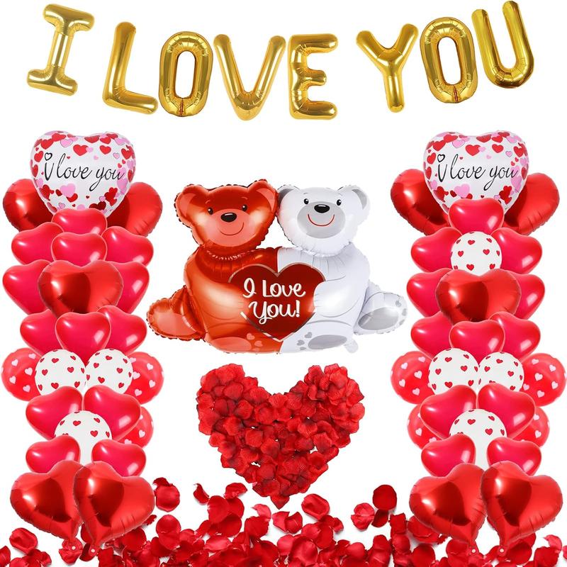 55 Pack Valentine's Day Balloons with 1000 count Silk Rose Petals - I LOVE YOU Balloons, Heart Balloons, Love-Bear Balloons for Anniversary Valentine Day, Romantic Decorations Special Night for Bedroom