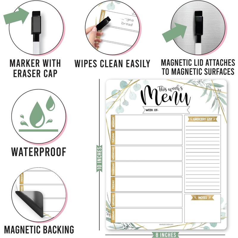 Greenery Weekly Dinner Menu Board For Kitchen - Magnetic Meal Planner For Refrigerator White Board Dry Erase, Weekly Menu Board For Fridge Whiteboard, Weekly Meal Planner Magnetic Fridge Whiteboard