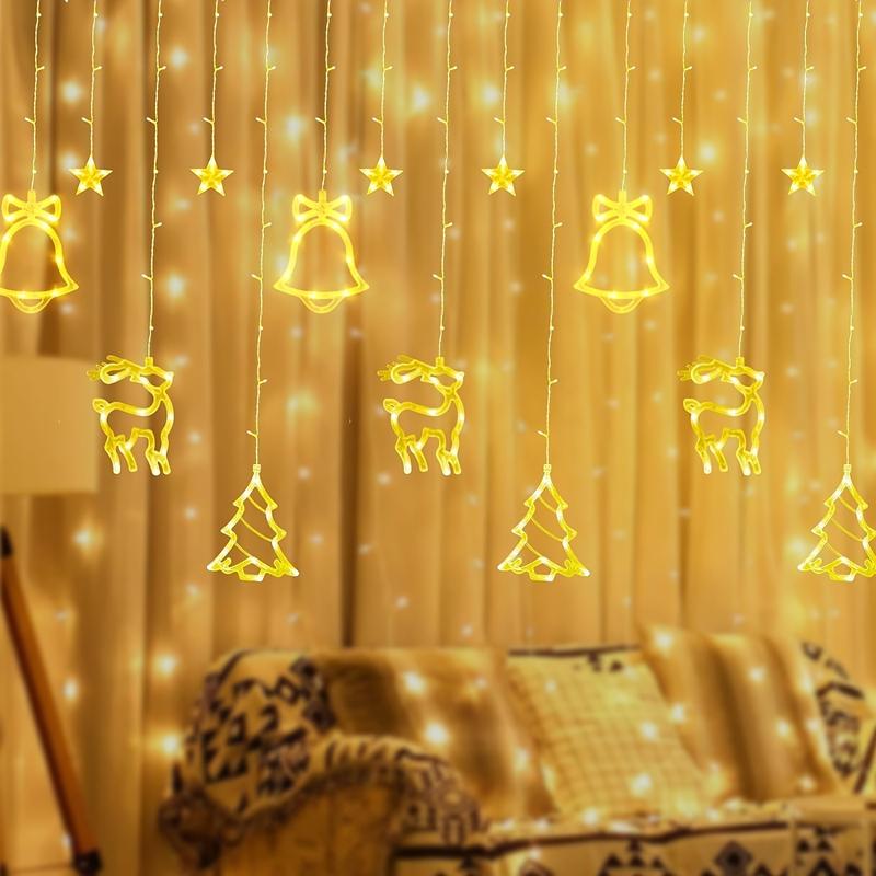 14ft 4m 120LED Christmas Window Fairy Lights Curtain Lights  Decorative(Big Christmas tree, Reindeer, Bell) Curtain Lights Waterproof for Christmas Wedding Party Bedroom Home Garden Indoor Decoration,Ornaments,Warm White(No Remote)