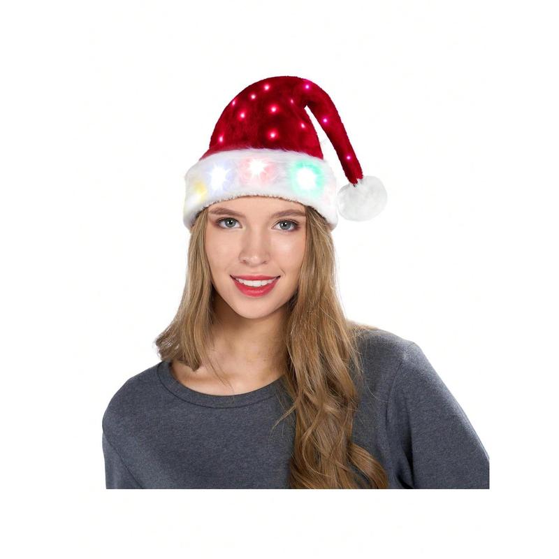 Style Lab   Giggling Getup 2 PCS Adults Light-Up Christmas Santa Elf Hats With Pom Poms, Soft Plush Xmas Hat With Colorful Lights For Mens And Womens