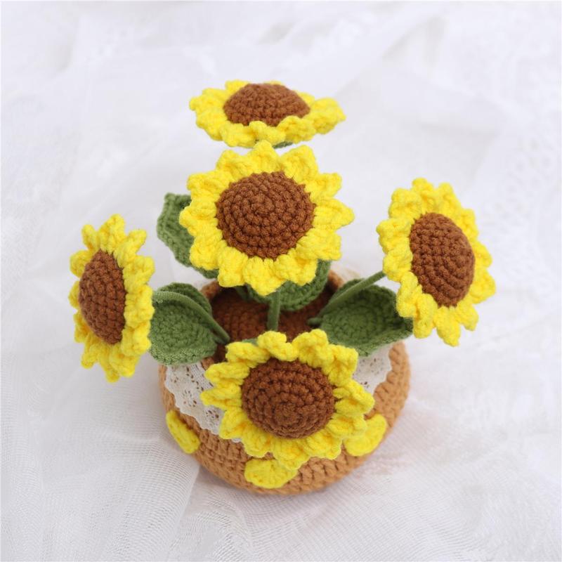 Crochet Sunflower Potted Plant, 1 Count Exquisite Handmade Knitting Potted Plant, Desktop Decoration for Home Living Room Bedroom Dining Room Office Dormitory, Christmas Gift Ideas, Stocking Stuffers