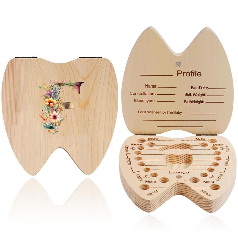 Wooden Baby Tooth Box, 1 Box Flower & Letter Pattern Baby Teeth Organizer, Lanugo Umbilical Cord Storage Box, Keepsake Memory Box