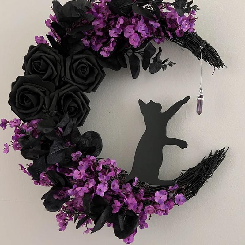 Moon Cat Wreath With Light, Black Cat Decor, Crystal Moon Wreath, Black Wreaths for Front Door Window Wall Decor, Wall Decor for Home Living Room Bedroom