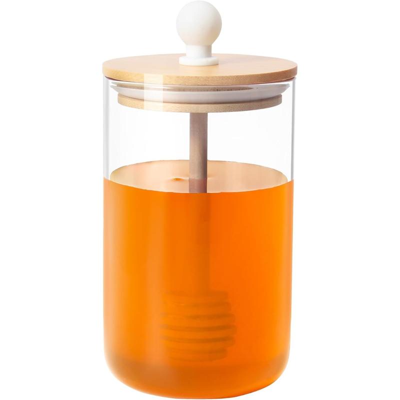 16oz Glass Honey Jar with Dipper,Honey Container with Wooden Honey Dipper,Honey Jars with Lids,Honey Pot Ideal for Honey and Syrup