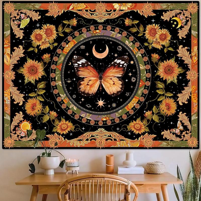 Butterfly Floral Tapestry Vintage Indie Boho Flower Tapestries for Bedroom Aesthetic Retro Yellow Sunflower Moth Tapestry Wall Hanging for Dorm Living Room (48  36)