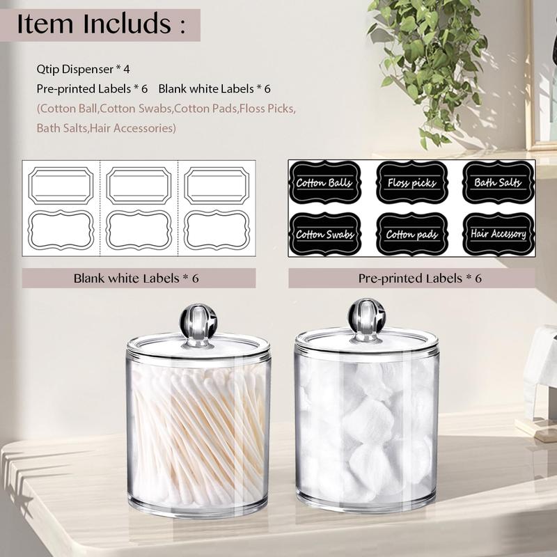 4 Pack Plastic Acrylic Bathroom Vanity Countertop Canister Jars with Storage Lid, Apothecary Jars Qtip Holder Makeup Organizer for Cotton Balls,Swabs,Pads,Bath Salts (Black, 12 Oz)