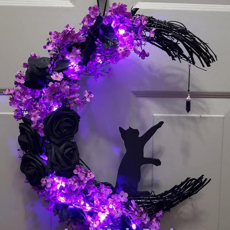 Moon Cat Wreath With Light, Black Cat Decor, Crystal Moon Wreath, Black Wreaths for Front Door Window Wall Decor, Wall Decor for Home Living Room Bedroom