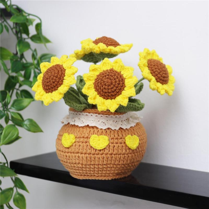 Crochet Sunflower Potted Plant, 1 Count Exquisite Handmade Knitting Potted Plant, Desktop Decoration for Home Living Room Bedroom Dining Room Office Dormitory, Christmas Gift Ideas, Stocking Stuffers