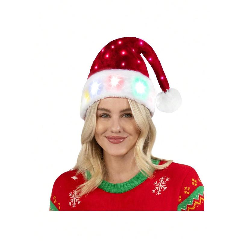 Style Lab   Giggling Getup 2 PCS Adults Light-Up Christmas Santa Elf Hats With Pom Poms, Soft Plush Xmas Hat With Colorful Lights For Mens And Womens