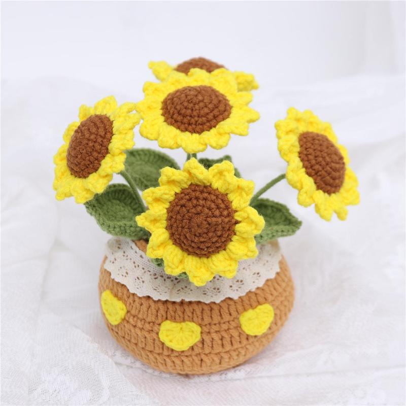 Crochet Sunflower Potted Plant, 1 Count Exquisite Handmade Knitting Potted Plant, Desktop Decoration for Home Living Room Bedroom Dining Room Office Dormitory, Christmas Gift Ideas, Stocking Stuffers