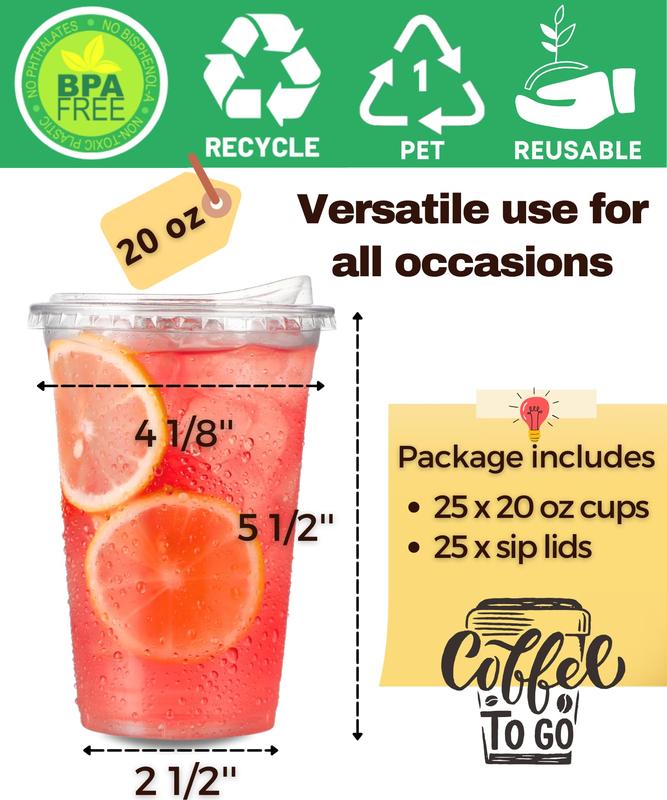 Comfy Package [16 oz. - 25 Count Crystal Clear Plastic Cups With Strawless Sip-Lids, Disposable Iced Coffee Cups with Lids - Ideal for Cold Beverages, and To-Go Drinks