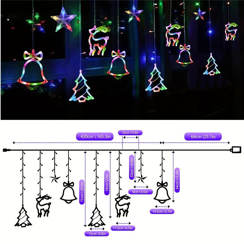 14ft 4m 120LED Christmas Window Fairy Lights Curtain Lights  Decorative(Big Christmas tree, Reindeer, Bell) Curtain Lights Waterproof for Christmas Wedding Party Bedroom Home Garden Indoor Decoration,Ornaments,Warm White(No Remote)